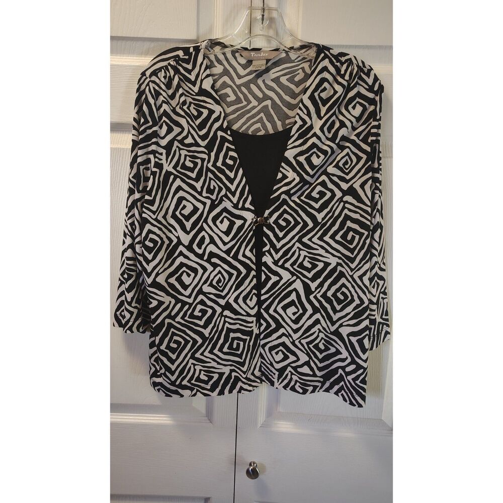 TanJay Petites Black & White Geometric 2-in-1 Cardigan Top - Size PM / Medium